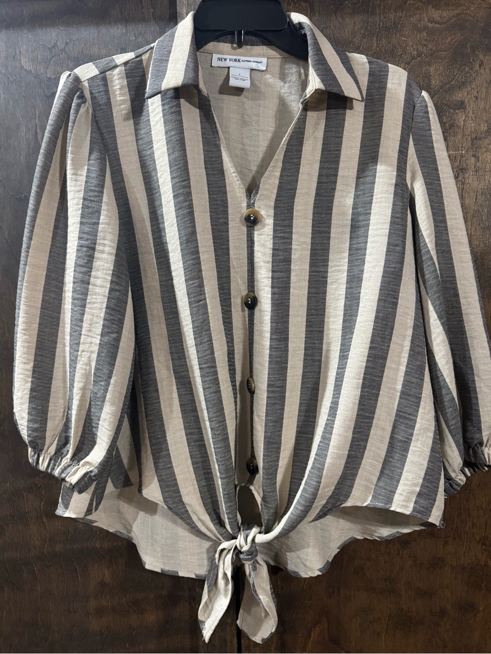 New York Clothing Company Striped Tie-Front Button Shirt - Gray & Cream